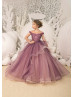 Beaded Purple Tulle Floor Length Horsehair Hem Flower Girl Dress